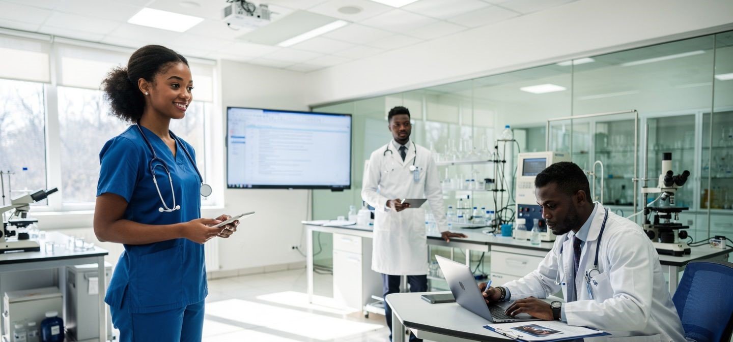 Jeunes professionnels noirs de la santé échangeant dans un laboratoire médical.