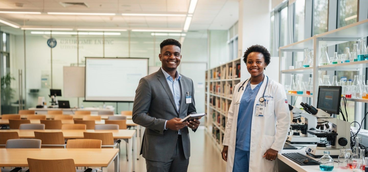 Mentor et professionnelle de santé noirs souriant dans une salle de cours médicale.